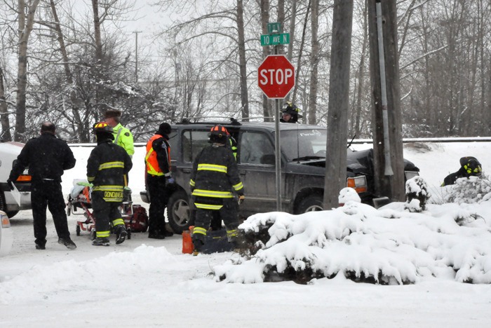A vehicle shows damage after a crash in Golden on Jan. 16