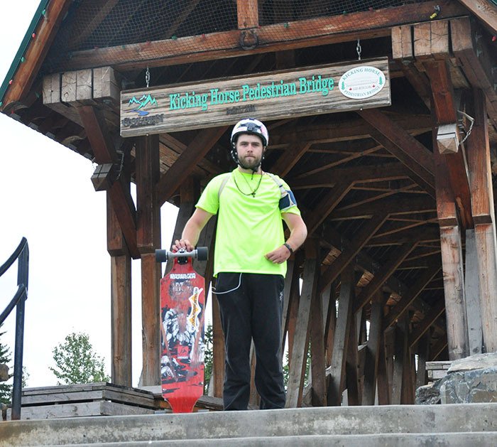 Brandon Harrison made it to Golden last week after restarting his cross-Canada longboarding journey in Lake Louise.