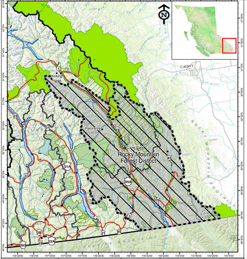 A person must not enter the restricted area, shown with the dotted black outline, without authorization or an official designation for the purposes of the Wildfire Act.