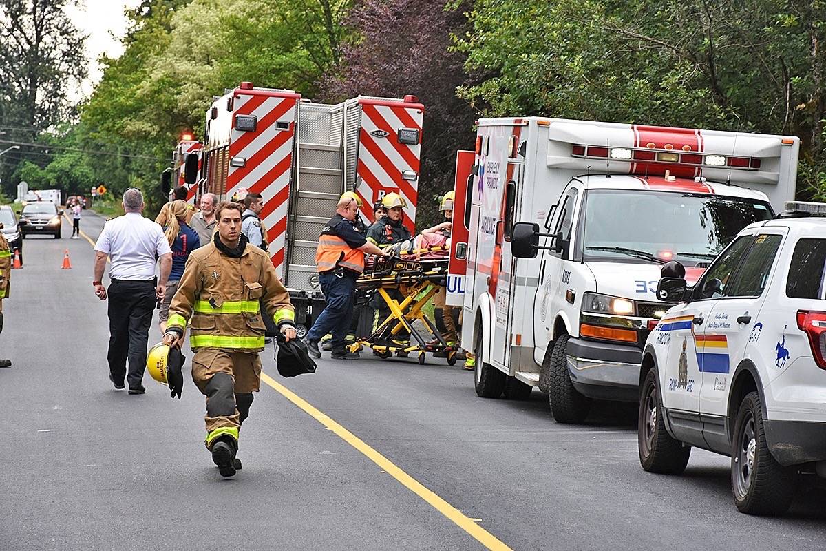 A person injured when a horse was hit by a car was taken to hospital by ambulance, but was conscious and speaking with emergency responders. (Neil Corbett/THE NEWS)