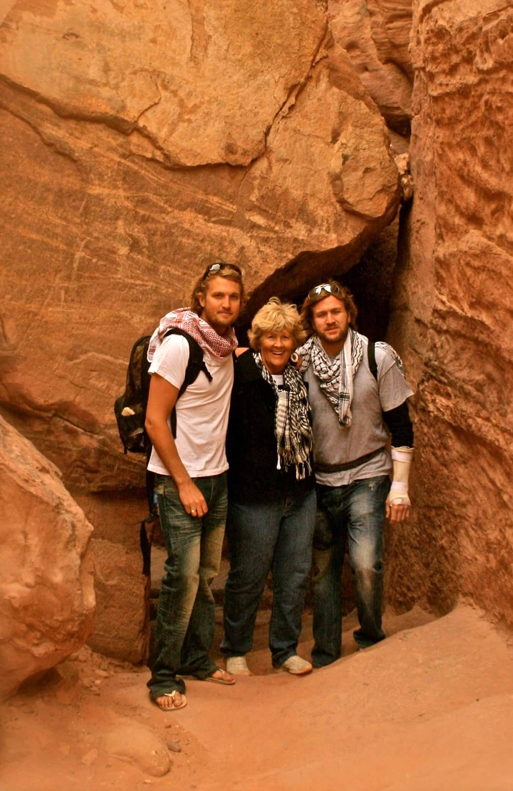 Brothers Erik and Kirk Brown grew up travelling the world together. Here they are pictured with their mom, Dorothy, in Petra, Jordan. Photo courtesy of Kirk Brown