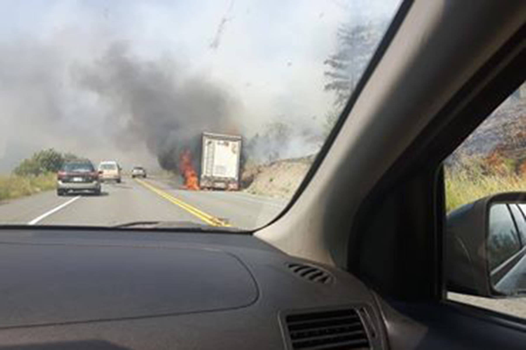 A transport fire has caused a grass fire just east of Hedley. (Trisha Coyne)
