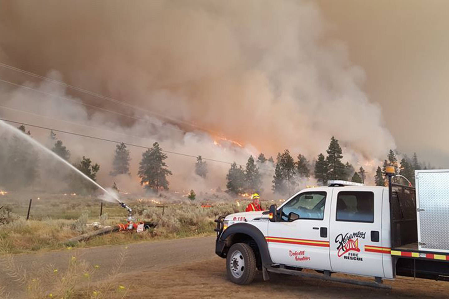 Submitted                                The Keremeos Volunteer Fire Department has worked alongside the BC Wildfire crews doing water suppression to save buildings, putting out spot fires, and patrolling.