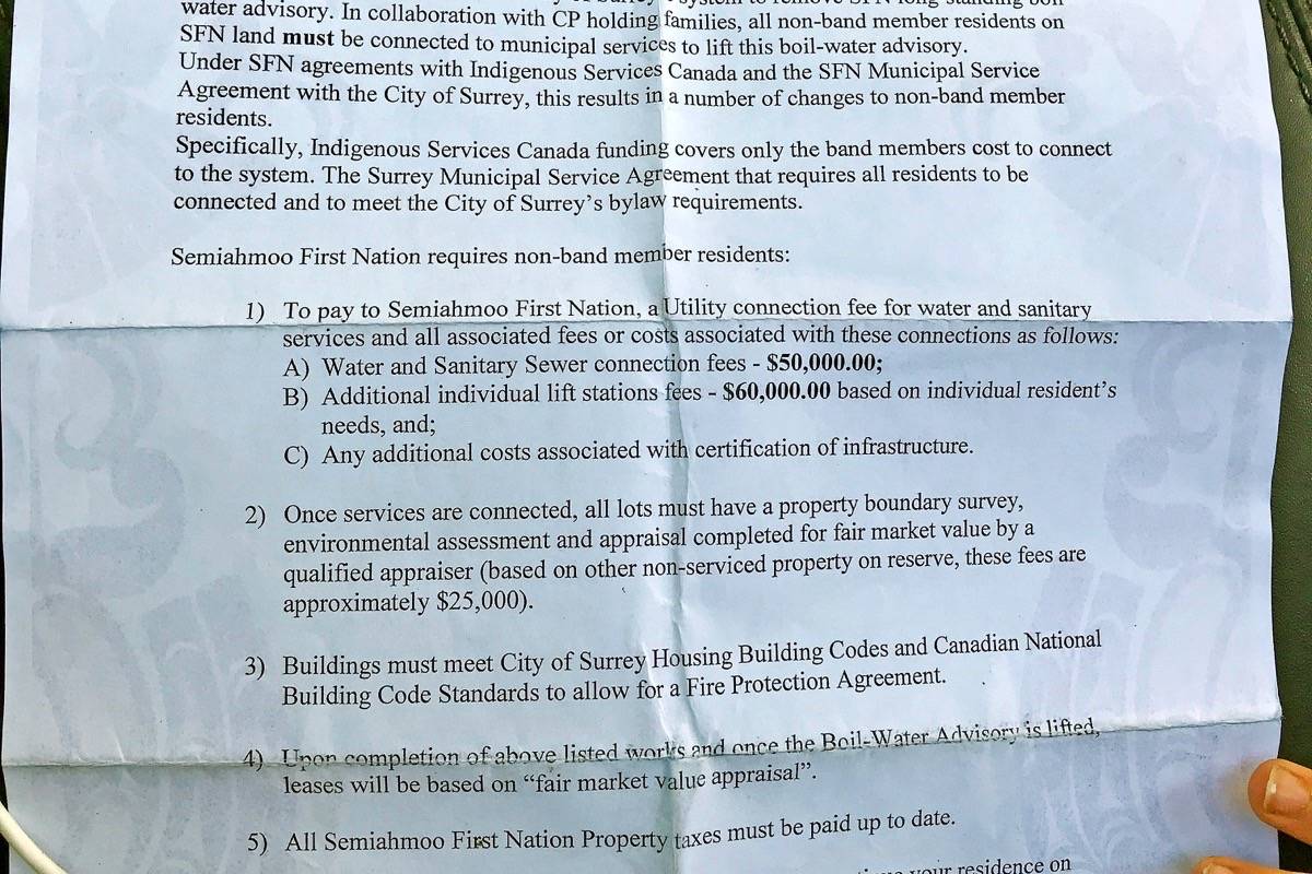 Part of the notice that non-band members received this month, outlining fees associated with connecting to Surrey’s municipal services. (Contributed photo)