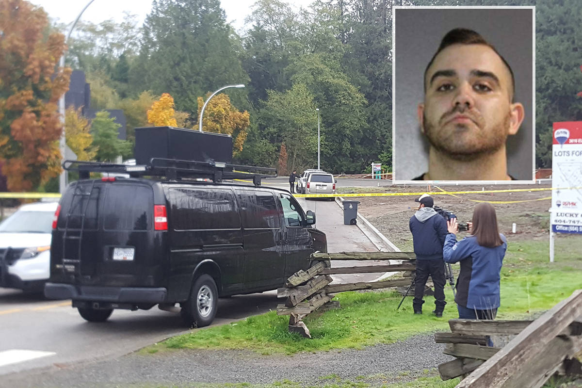 Brandon Teixeira, 27 (inset) is being sought on a first-degree murder charge in connection with the 2017 shooting death of Nicholas Khabra, 28, in South Surrey. (RCMP photo; file photo)