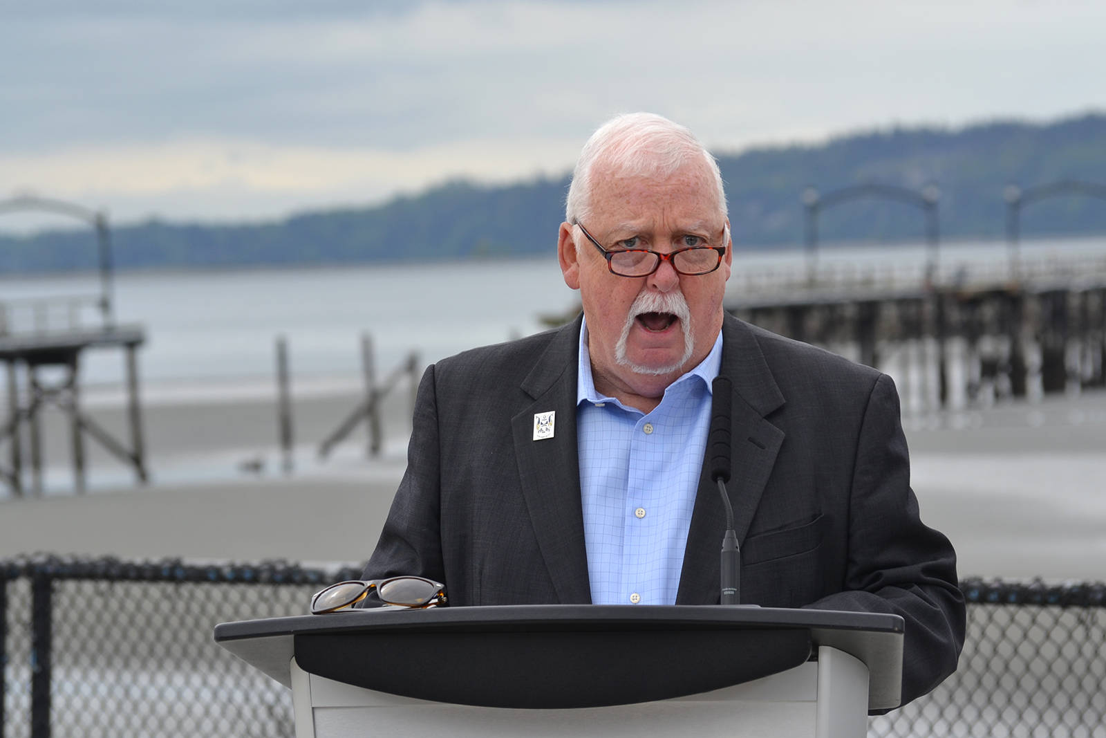 White Rock Mayor Darryl Walker speaks during Friday morning’s announcement of $1-million in provincial funding for White Rock Pier repair and waterfront restoration. (Nick Greenizan photo)