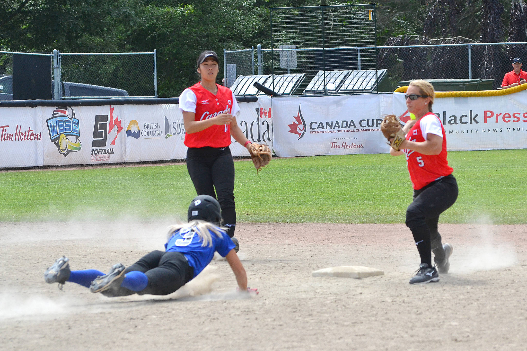 Team Canada infielders Janet Leung (left) and Joey Lye make a play at second base during Canada’s game against Triple Crown Colorado on Friday afternoon at Softball City. (Nick Greenizan photo)