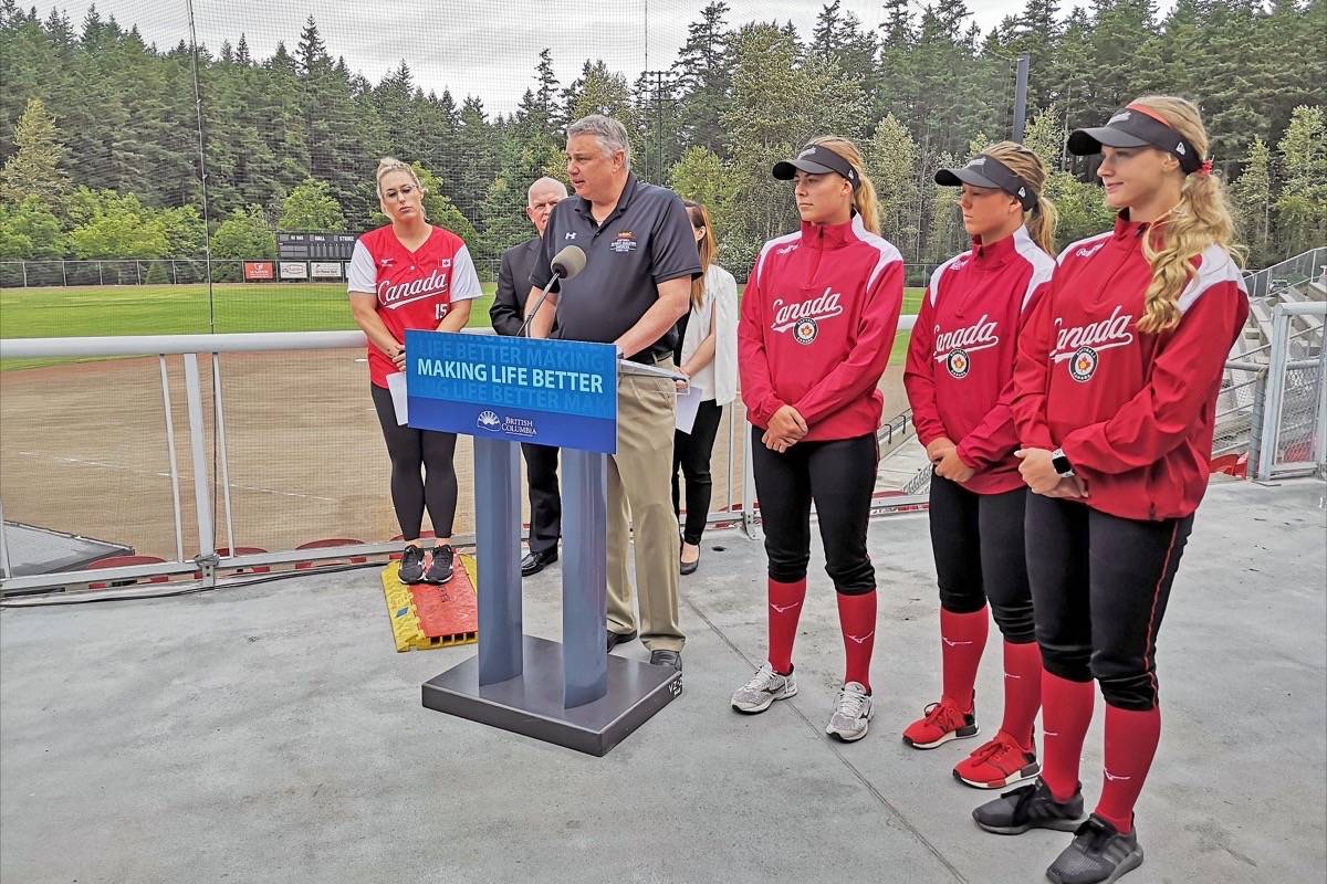 Greg Timm addresses media at Wednesday’s announcement of $150,000 in provincial funding towards the cost of hosting the Olympic qualifier. (Tracy Holmes photo)