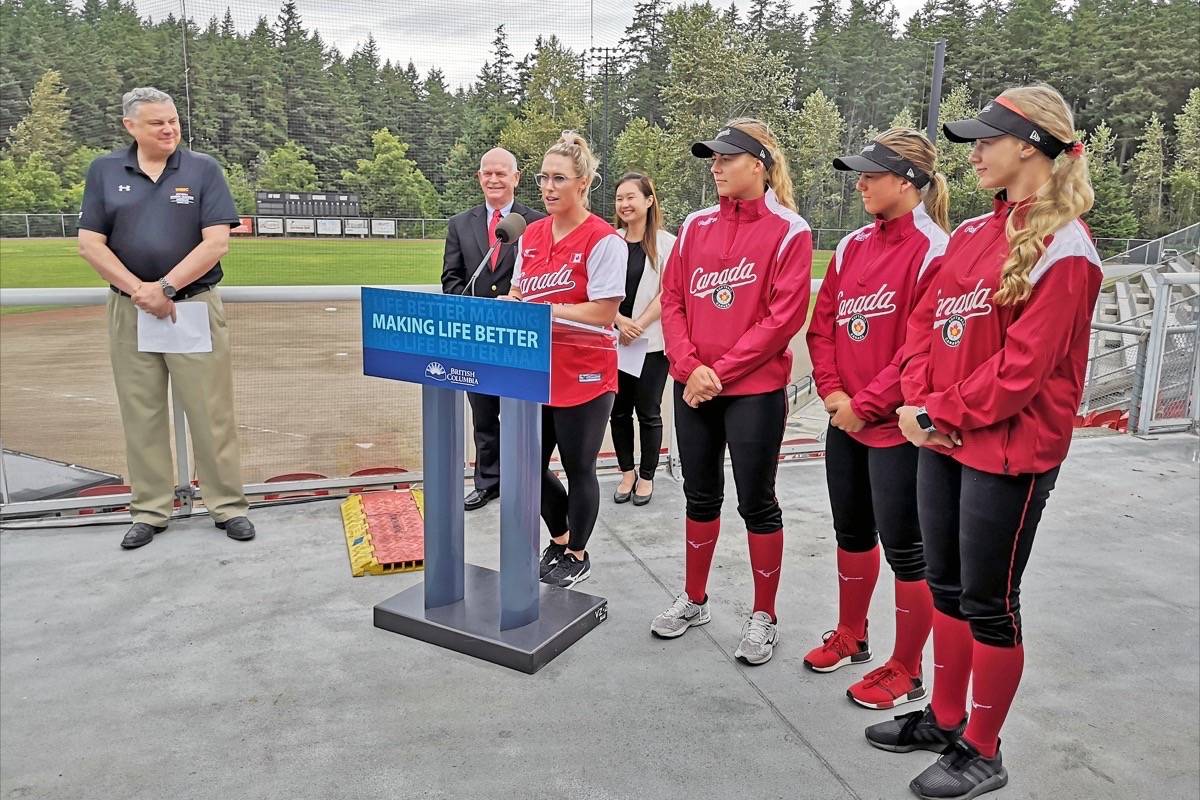 Danielle Lawrie addresses media at Wednesday’s announcement of $150,000 in provincial funding towards the cost of hosting the Olympic qualifier. (Tracy Holmes photo)