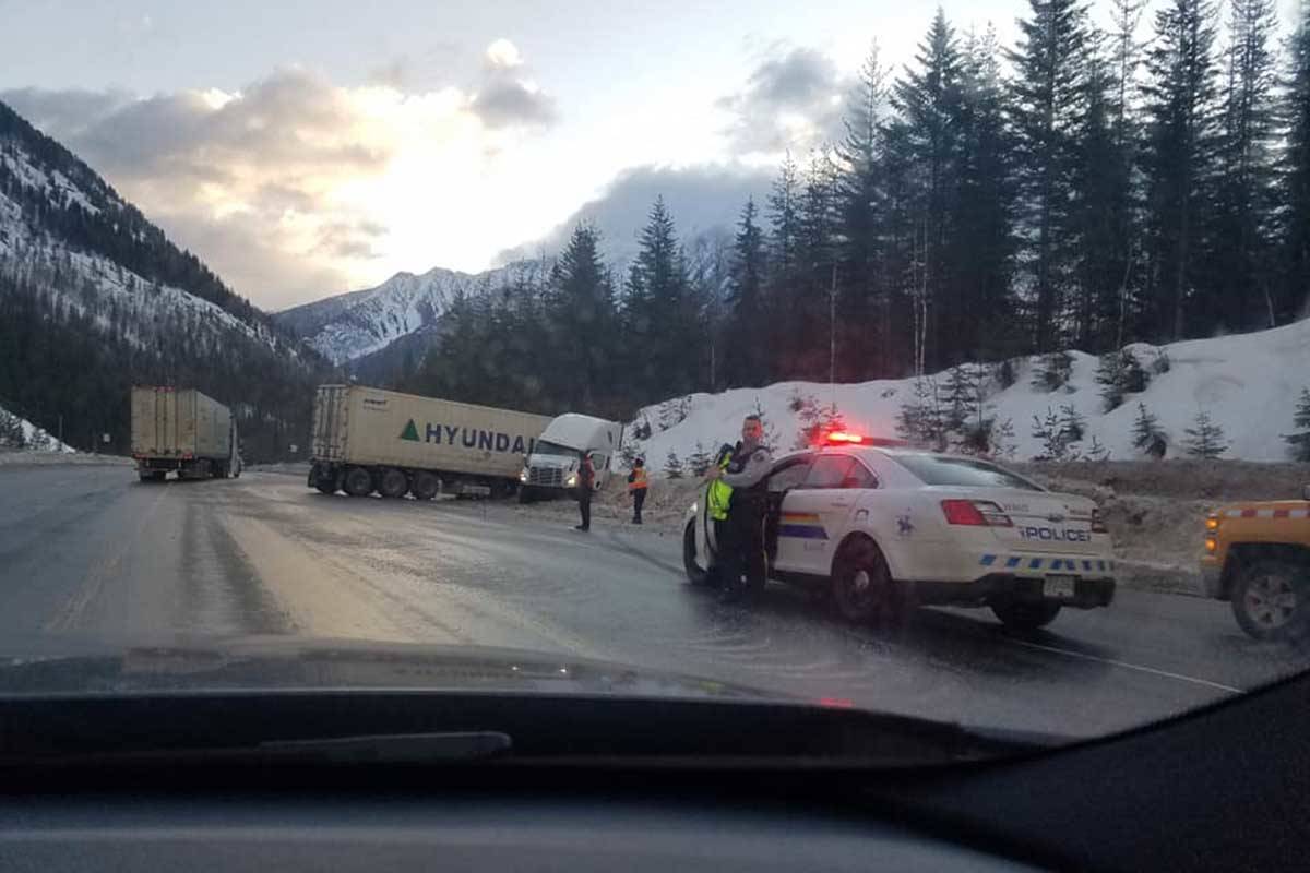 A semi trailer has crashed on the Trans-Canada Highway east of Revelstoke the morning of Tuesday, March 3, 2020. (Contributed)