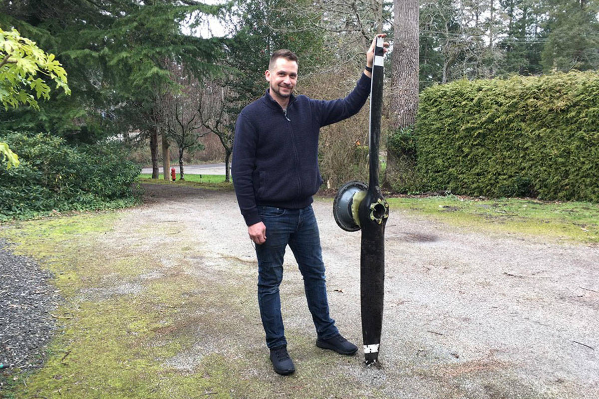 Jeremy Francis found the propeller of a small plane that crashed on Feb. 18 in his grandma’s back yard two weeks after the incident. (Courtesy of Jeremy Francis)