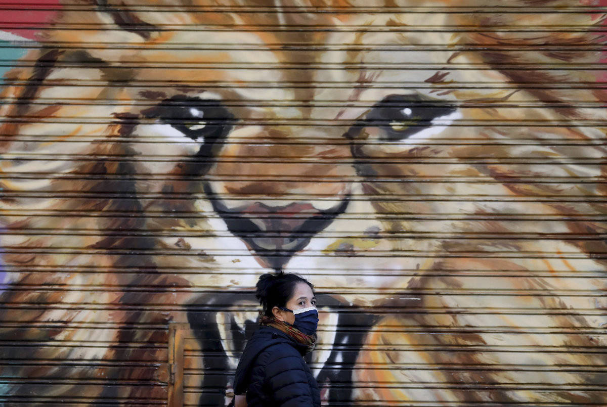 A mural decorates a closed store, where a pedestrian using a face mask walks by in Buenos Aires, Argentina, Wednesday, April 15, 2020. The use of face masks became mandatory in the capital starting Wednesday, to help contain the spread of the new coronavirus. (AP Photo/Natacha Pisarenko)