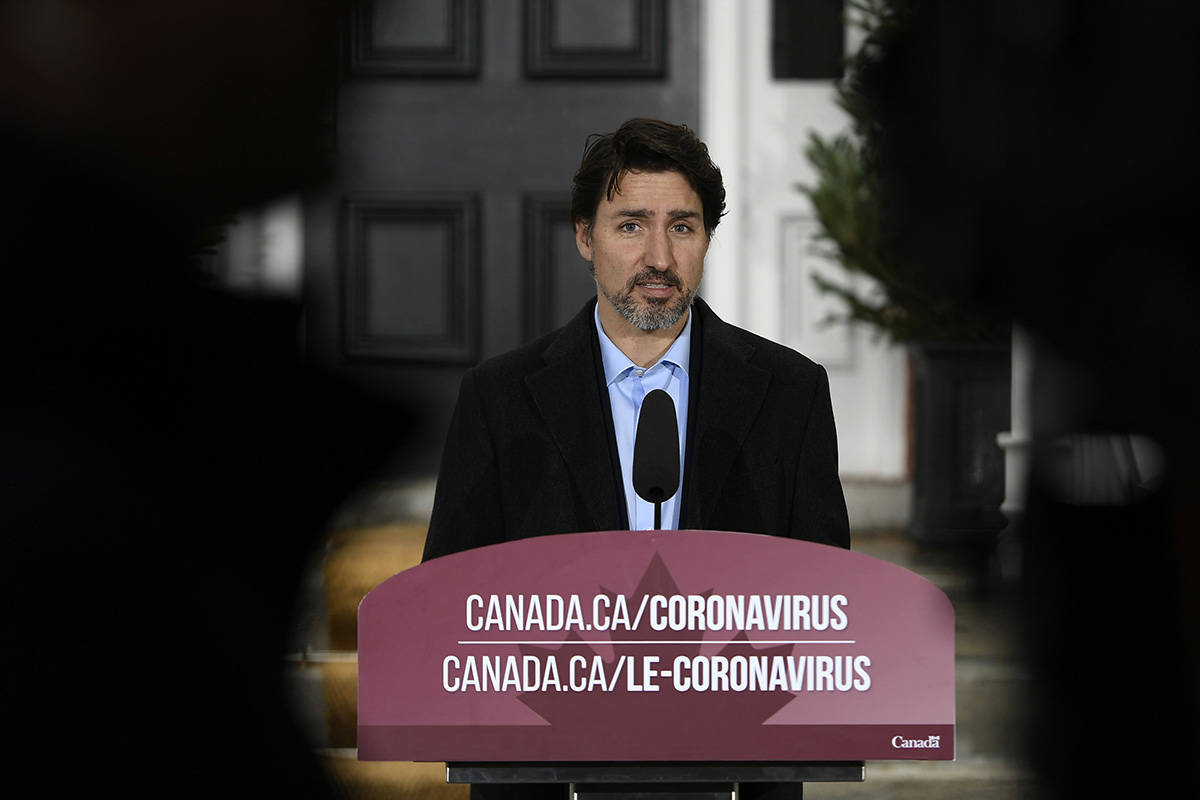 Prime Minister Justin Trudeau speaks during his daily press conference on COVID-19, in front of his residence at Rideau Cottage in Ottawa, on Sunday, April 19, 2020. THE CANADIAN PRESS/Justin Tang