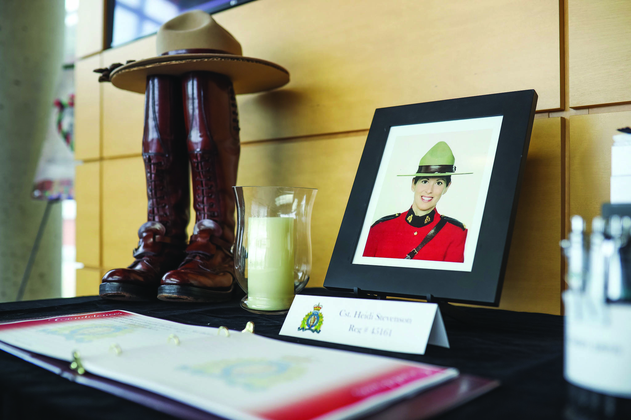 A display dedicated to Constable Heidi Stevenson at RCMP headquarters in Dartmouth, Nova Scotia, Monday, April 20, 2020. Investigators say a killer’s use of a mock police cruiser and an RCMP uniform almost identical to the real thing helped him escape detection as he travelled between 16 crime scenes in a rampage that has left at least 19 dead in Nova Scotia. THE CANADIAN PRESS/Riley Smith