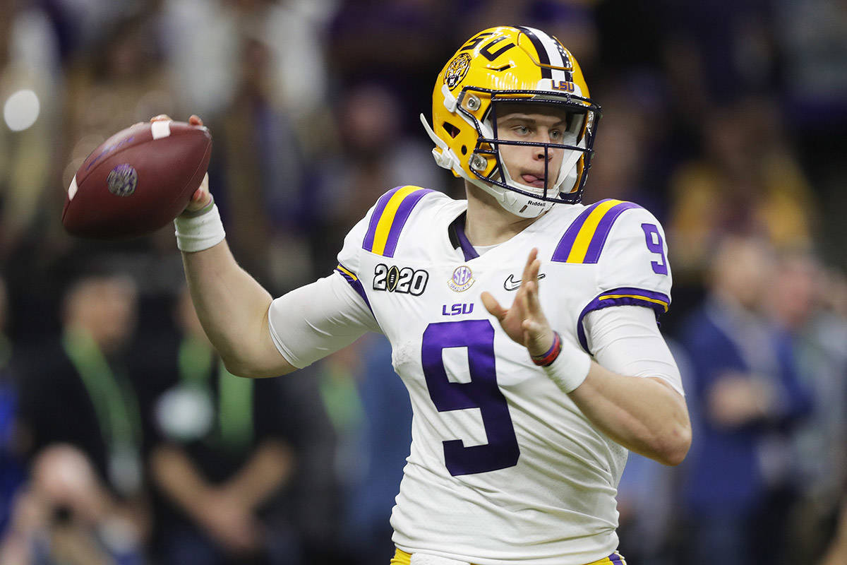 In this Jan. 13, 2020, file photo, LSU quarterback Joe Burrow throws a pass against Clemson during the second half of the NCAA College Football Playoff national championship game in New Orleans. The Cincinnati Bengals chose Burrow with the first pick in the NFL draft Thursday, April. 23, 2020. (AP Photo/Gerald Herbert, File)