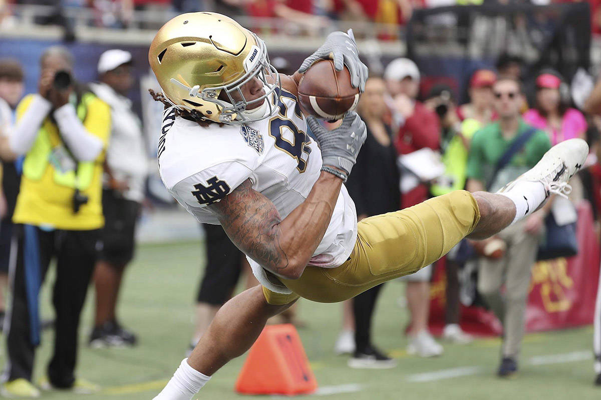 Notre Dame wide receiver Chase Claypool makes a catch in the endzone for a touchdown during the Camping World Bowl NCAA college football game Saturday, Dec. 28, 2019, in Orlando, Fla. Claypool was selected by the Pittsburgh Steelers in the second round of the 2020 NFL draft on Friday, April 24. THE CANADIAN PRESS/ AP/Stephen M. Dowell/Orlando Sentinel via AP
