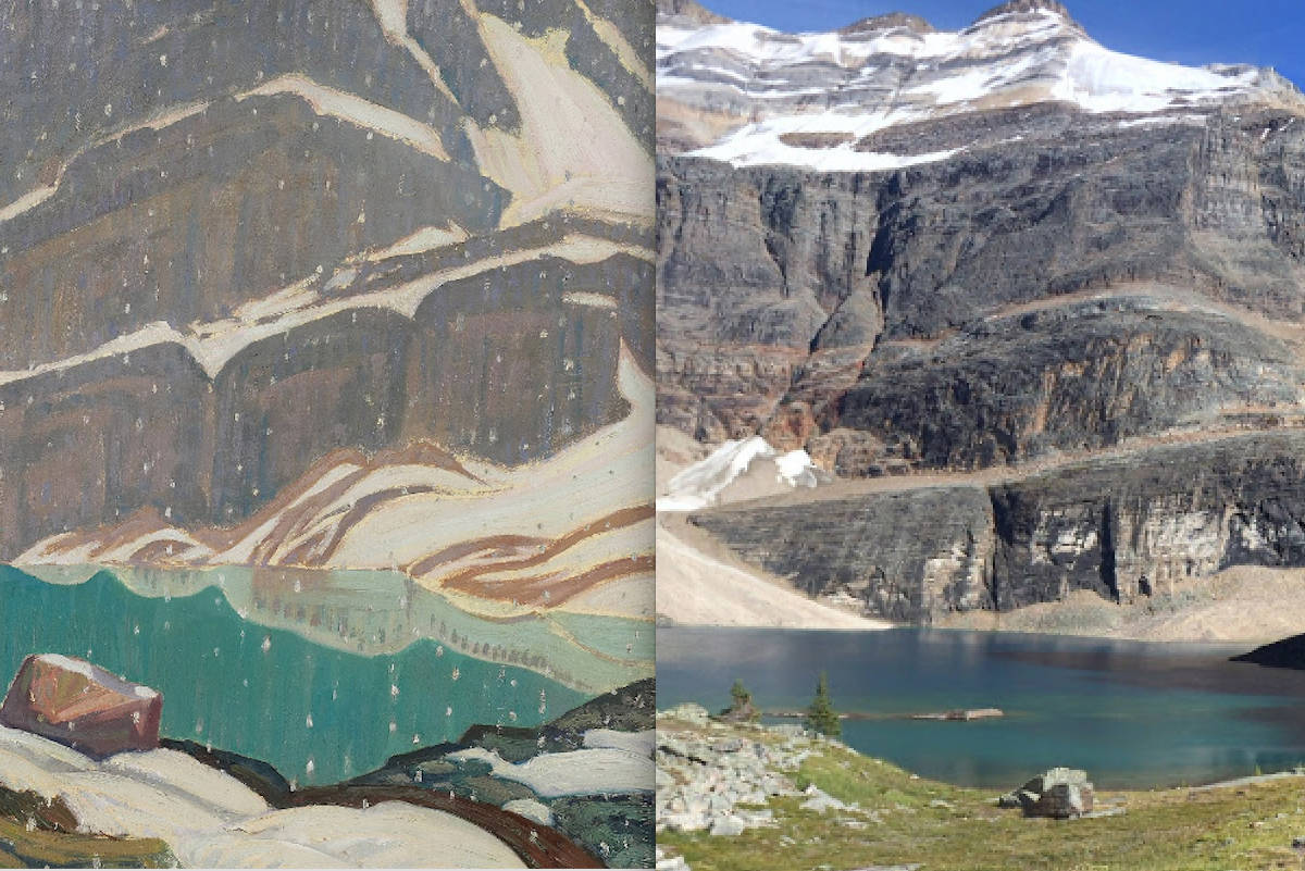 The painting “Mountain Solitude (Lake Oesa)” (left) was inspired by Lake Oesa, British Columbia (right).