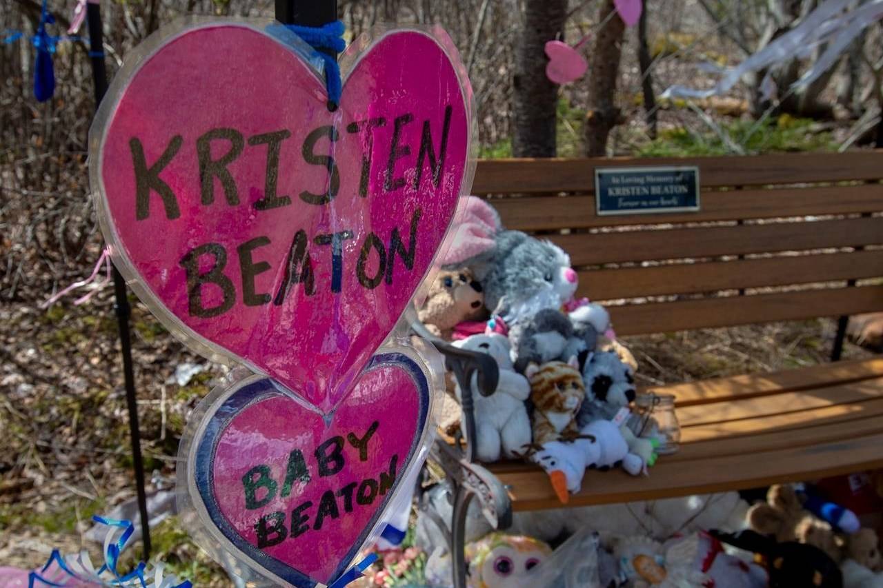 A shrine to Kristen Beaton and her unborn child is seen in Debert, N.S. on Thursday, May 14, 2020. It was one month ago that 22 people were killed after a man went on a murder rampage in Portapique and several other Nova Scotia communities. THE CANADIAN PRESS/Andrew Vaughan