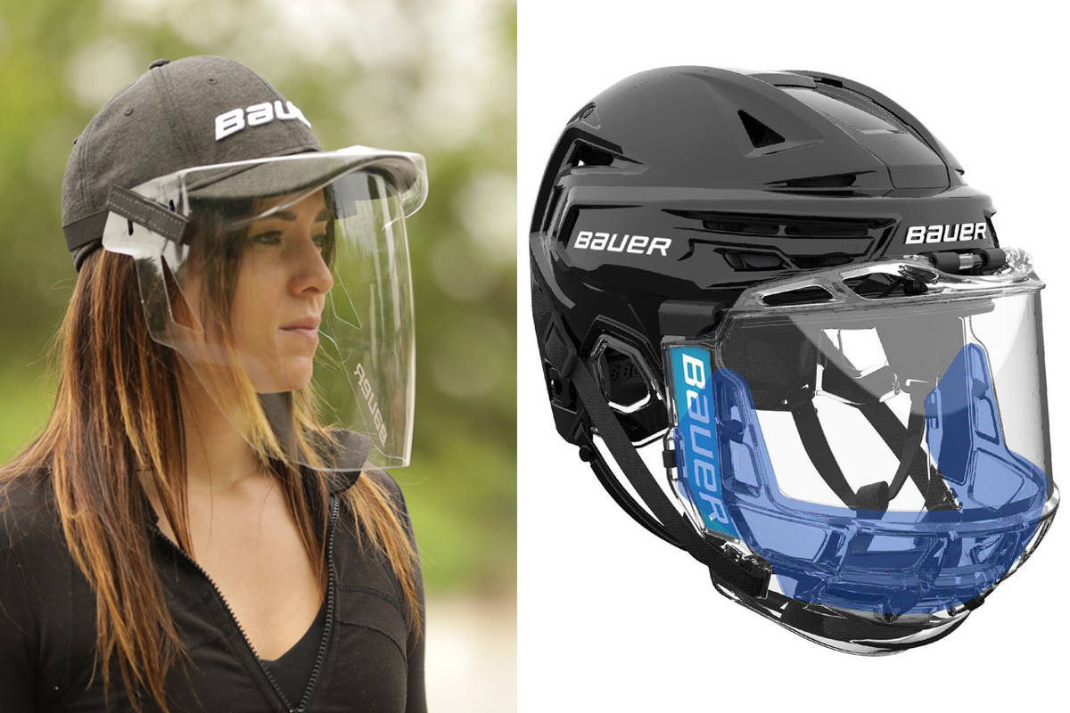 Hockey equipment company Bauer has created the Concept 3 Splash Guard (right) and a cap shield aimed at enabling the safe return of the sport. (Bauer Twitter photos)
