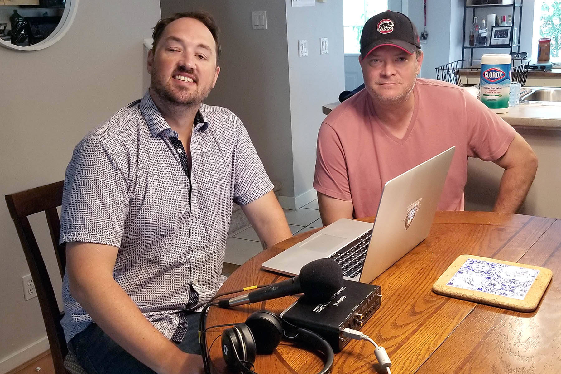 Vancouver Giants play-by-play broadcaster Dan O’Connor (left) and former Surrey Eagles head coach Mark Holick (right) have started a new sports podcast, The Voice & The Coach. The pair are longtime friends and former colleagues with the Prince George Cougars. (Nick Greenizan photo)