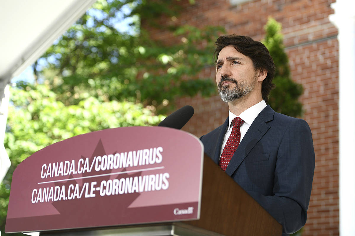 Prime Minister Justin Trudeau speaks during a news conference on the COVID-19 pandemic outside his residence at Rideau Cottage in Ottawa, on Thursday, June 18, 2020. THE CANADIAN PRESS/Justin Tang