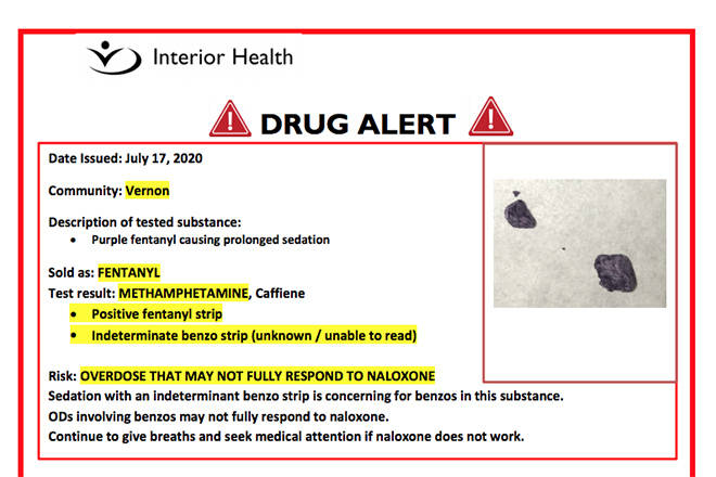 Interior Health has issued a drug alert for Vernon after a positive test of purple fentanyl was discovered to also contain methamphetamine and caffeine. (Interior Health)
