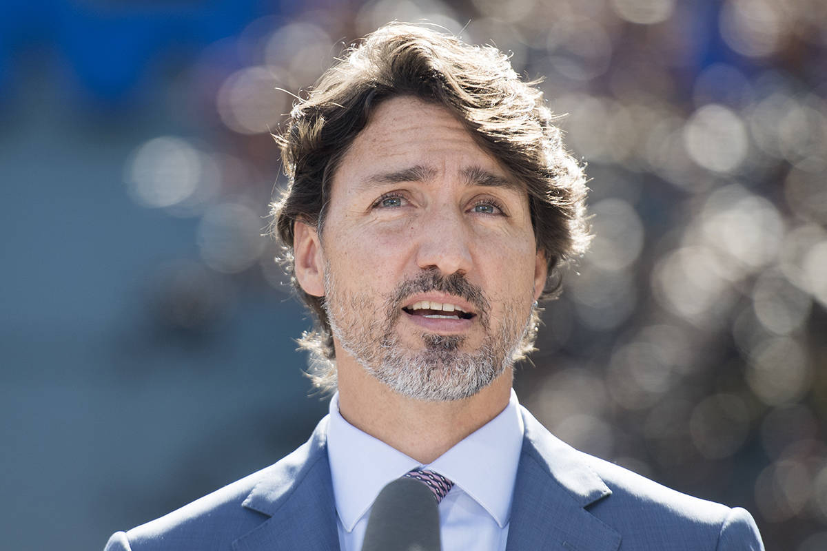 Prime Minister Justin Trudeau speaks to reporters during a news conference following a visit to the National Research Council of Canada (NRC) Royalmount Human Health Therapeutics Research Centre facility in Montreal, Monday, Aug 31, 2020. THE CANADIAN PRESS/Graham Hughes