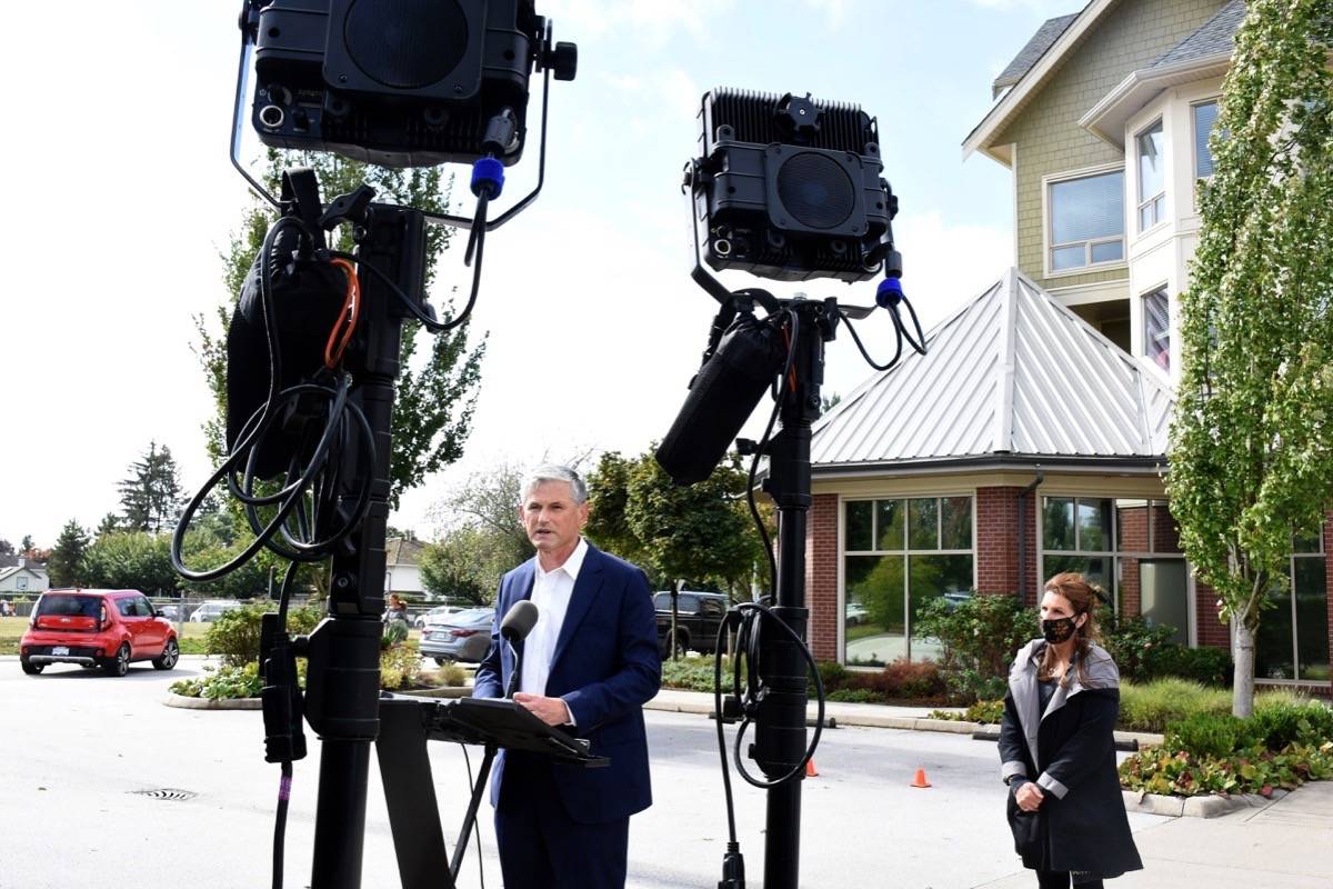 BC Liberal Leader Andrew Wilkinson during a campaign stop in Pitt Meadows Thursday afternoon with Maple Ridge-Pitt Meadows candidate Cheryl Ashlie. (Colleen Flanagan/The News)