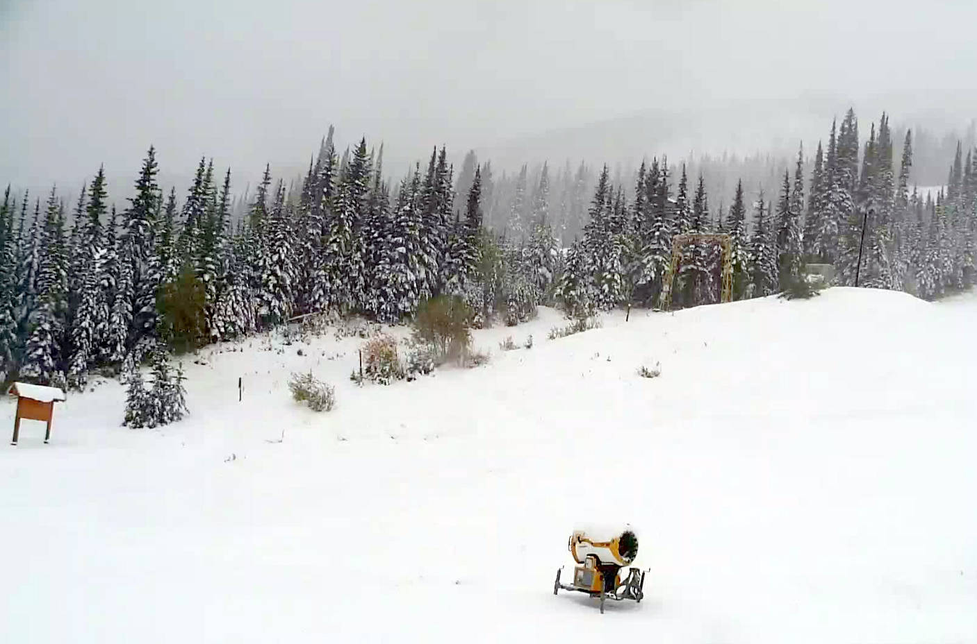 Apex Mountain Resort’s live webcam shows the mountain has received its first snow of the 2020-21 ski season. (Apex Mountain Resort)