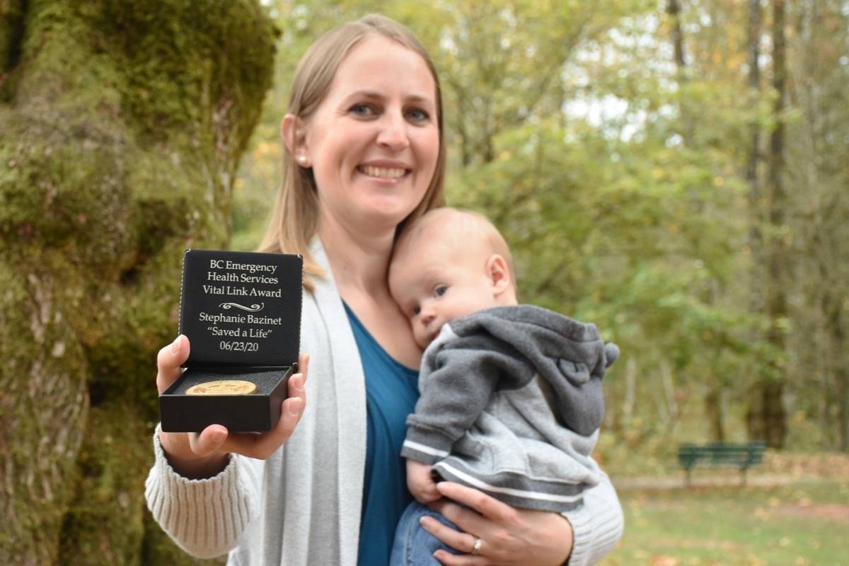 Emergency room nurse Stephanie Bazinet received the BC Emergency Health Services Vital Link Award for saving a man’s life in June while 9 months pregnant with Wyatt, who was born July 21. (Colleen Flanagan/The News)
