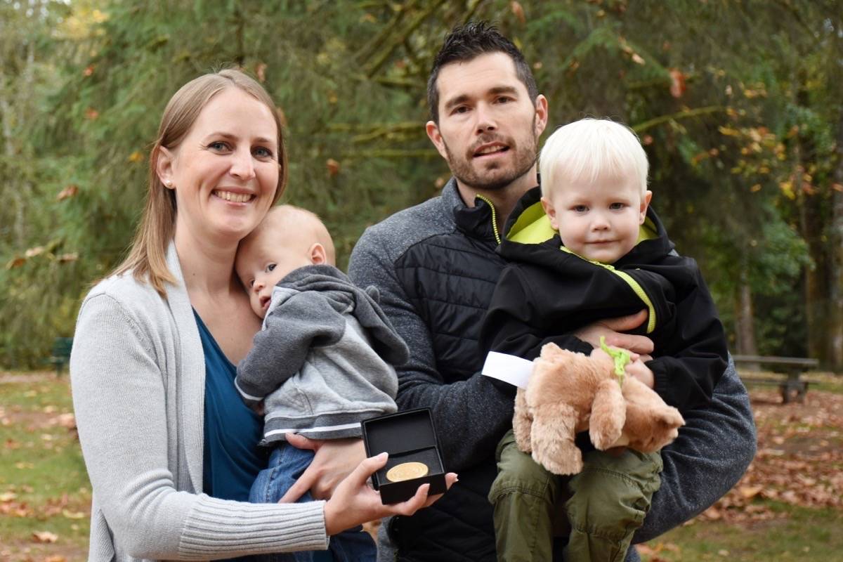Emergency room nurse Stephanie Bazinet received the BC Emergency Health Services Vital Link Award for saving a man’s life in June while 9 months pregnant with Wyatt, who was born July 21. (Colleen Flanagan/The News)