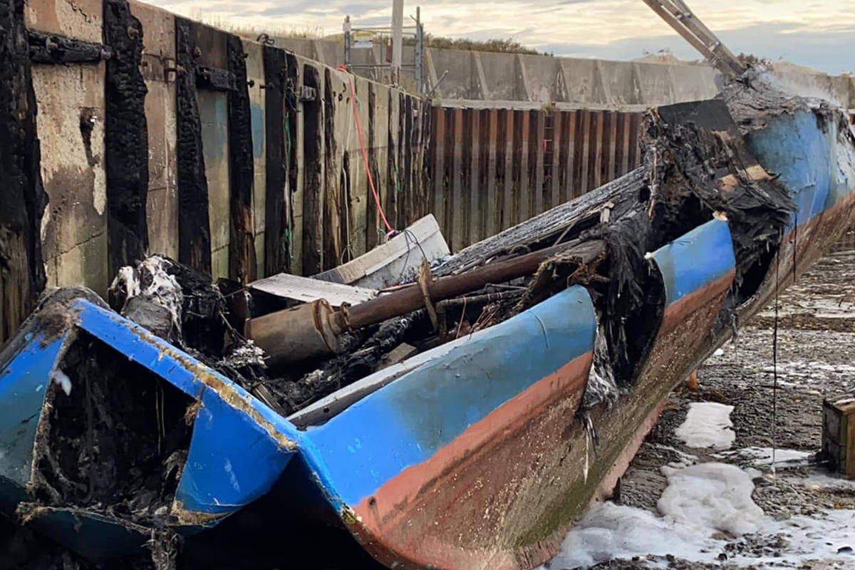 Robert Syliboy’s lobster fishing boat is shown after being destroyed by a fire in this Monday, Oct. 5, 2020 handout photo. A lobster vessel belonging to a Mi’kmaq fisher has been destroyed by a suspicious fire at a wharf in southwestern Nova Scotia, near waters where a self-regulated Indigenous fishery is underway. THE CANADIAN PRESS/HO - Robert Syliboy