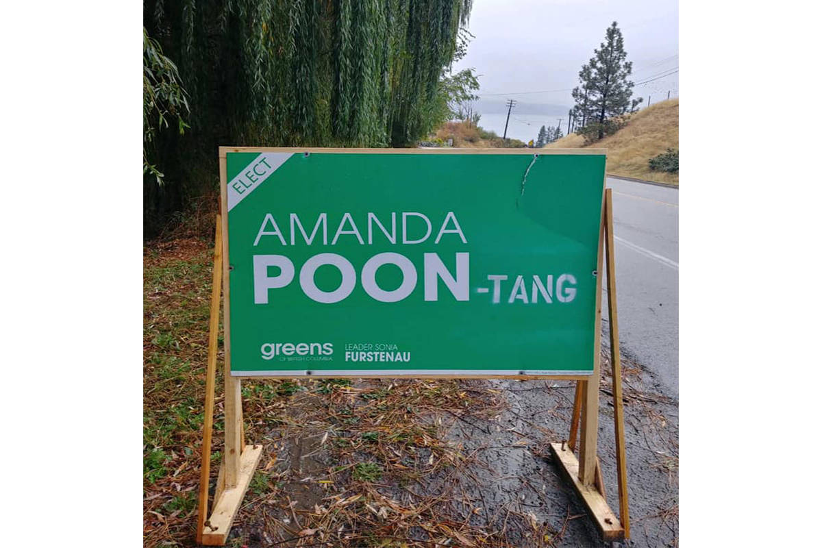 BC Green Party candidate for Kelowna-Mission Amanda Poon found some of her campaign signs tagged with racist and sexist graffiti. (Amanda Poon)