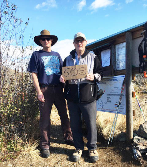 Three years ago, Larry Plummer challenged himself to hike up to the flag viewpoint on the Montrose Antenna trail 1,000 times. <ins>He invited Gordon McAlpine (left) and Art Benzer (photographer) to accompany him on his 500th summit on Oct 11, 2020. </ins>