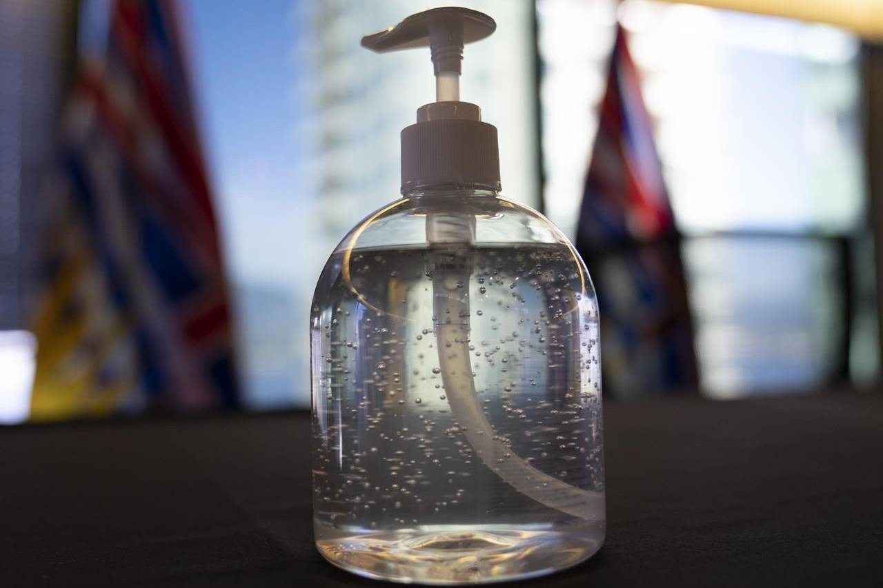 A bottle of hand sanitizer is seen in Vancouver on October 7, 2020. THE CANADIAN PRESS/Jonathan Hayward