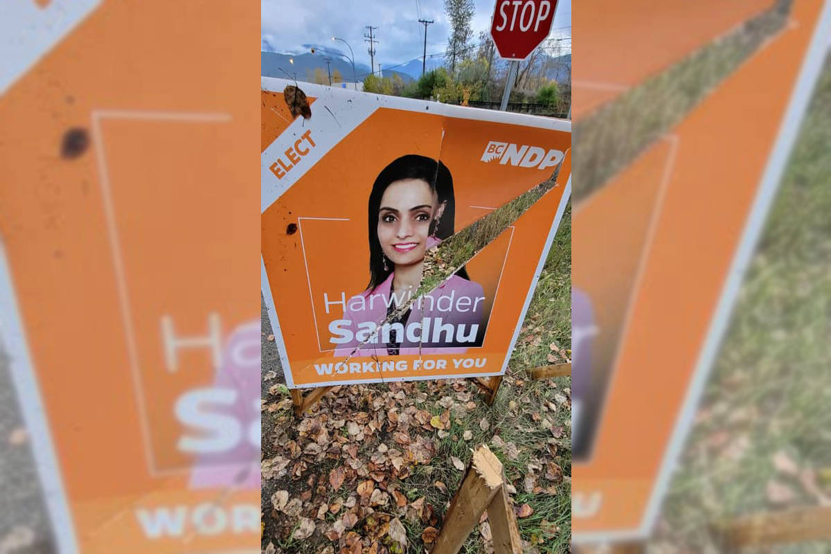 Vernon-Monashee candidate Harwinder Sandhu signs have been tampered with repeatedly leading up to the Oct. 24 election. (Contributed)