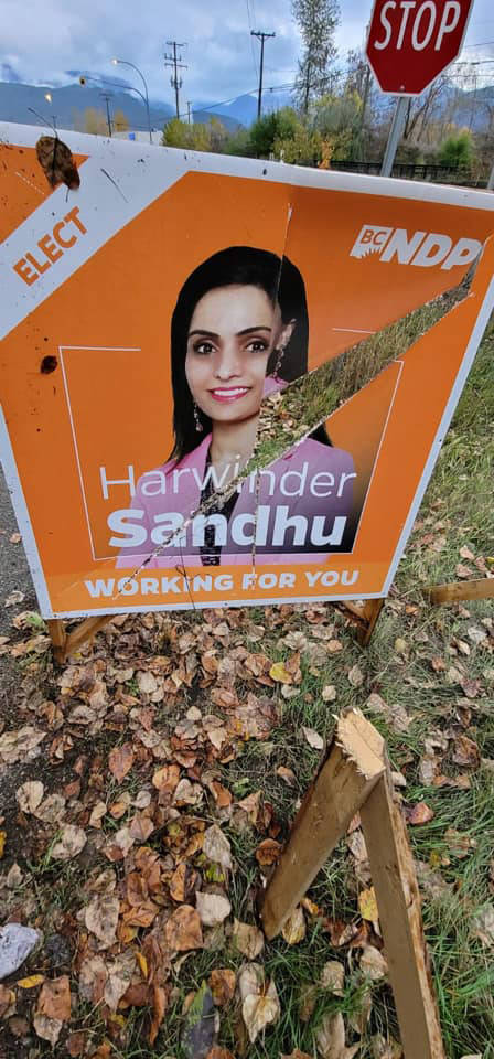Vernon-Monashee candidate Harwinder Sandhu signs have been tampered with repeatedly leading up to the Oct. 24, 2020, provincial election. (Contributed)