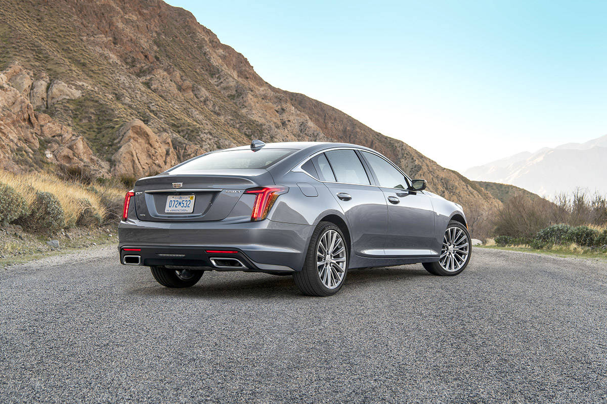 The CT5 is rear-wheel-drive with all-wheel-drive available as an option. Notice the softening of the body lines and the duck-tail truck lid that’s reminiscent of BMW styling. PHOTO: CADILLAC