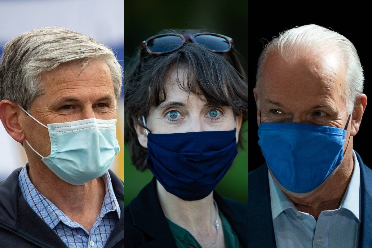 BC Liberals Leader Andrew Wilkinson, BC Greens Sonia Furstenau, BC NDP John Horgan (The Canadian Press photos)