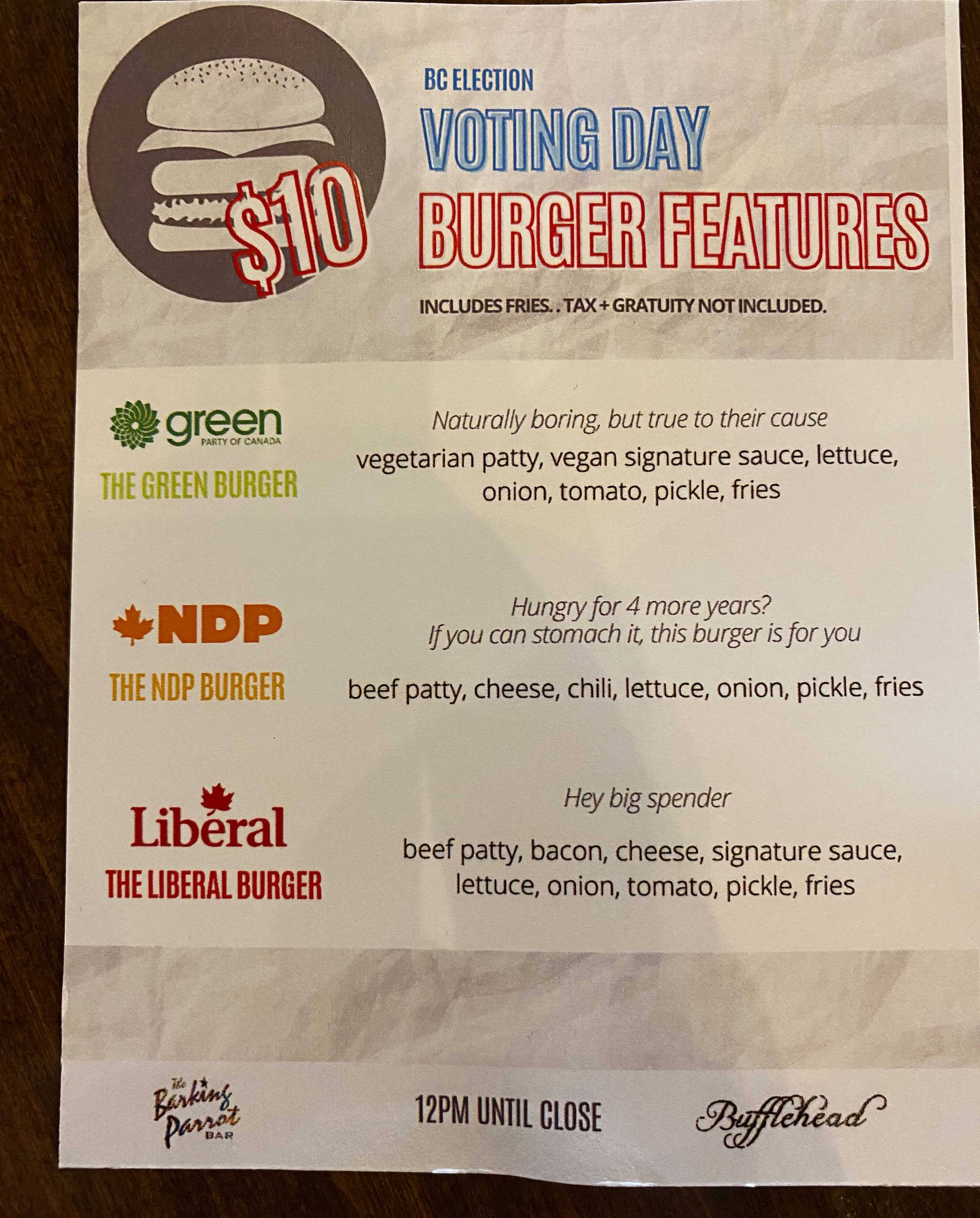Here's the voting burger menu at the Barking Parrot in Penticton.
