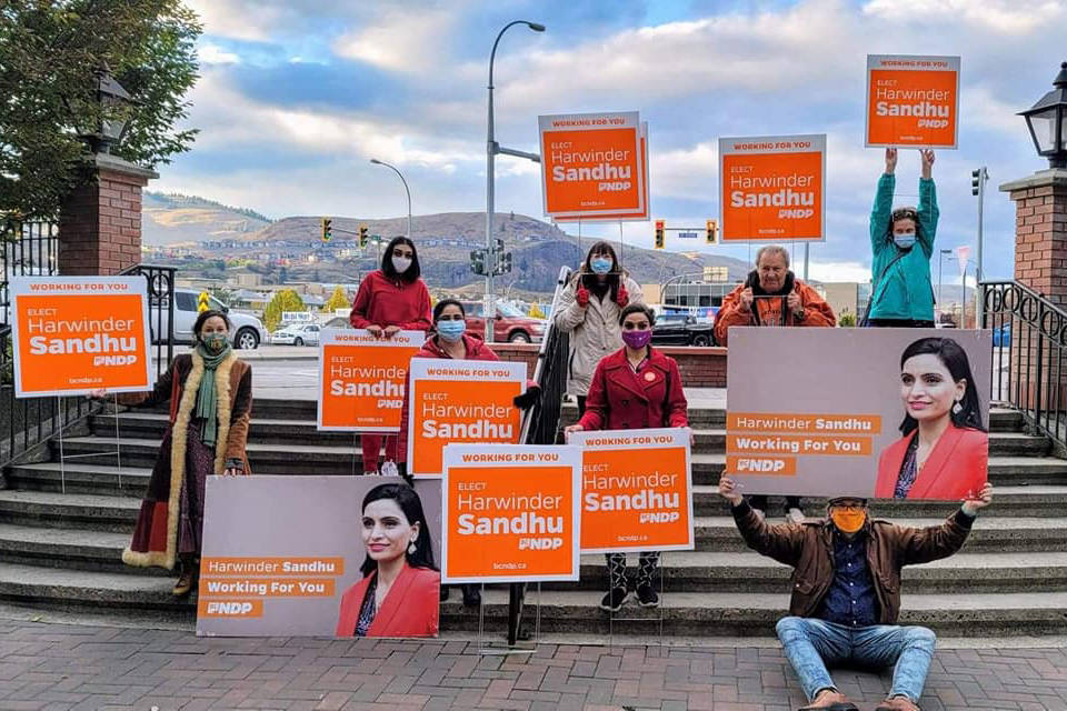 BC NDP candidate Harwinder Sandhu offered praise to her team of volunteers (pictured Oct. 21), following a too-close race with BC Liberal and incumbent Eric Foster in the 2020 provincial election Oct. 24. The outcome will be dependent on the final count from mail-in ballots expected in three weeks. (Facebook)