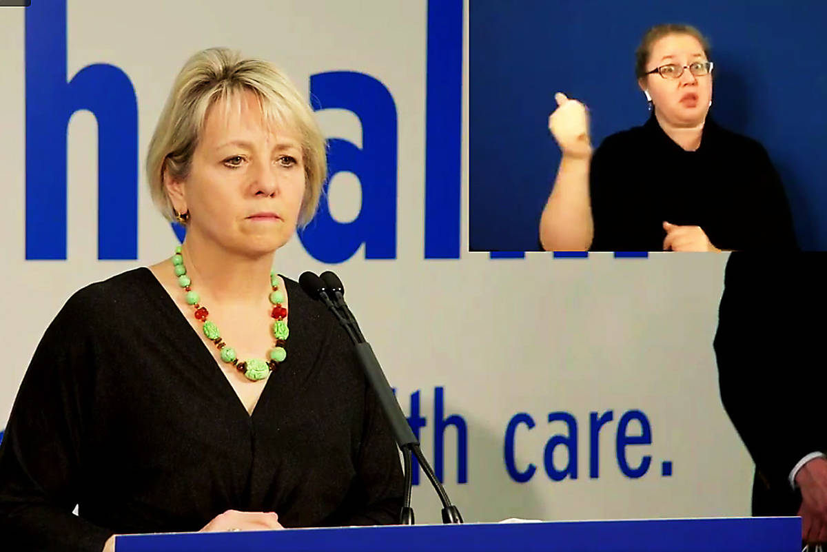 Provincial Health Officer Dr. Bonnie Henry speaks at a news conference at Fraser Health office, where new gathering restrictions have been imposed, Oct. 29, 2020. (B.C. government/Facebook)