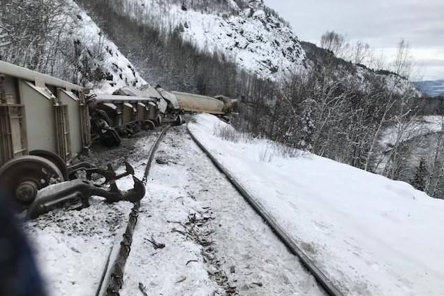 A train derailment near Kitwanga, B.C., between Smithers and Terrace, is shown in this January 2020 handout photo. The Transportation Safety Board says a track failure contributed to the derailment of a freight train in northern British Columbia in January. The Canadian National Railway Co. train was travelling between Smithers and Terrace when 34 rail cars carrying wood pellets derailed. THE CANADIAN PRESS/HO - Transportation Safety Board of Canada