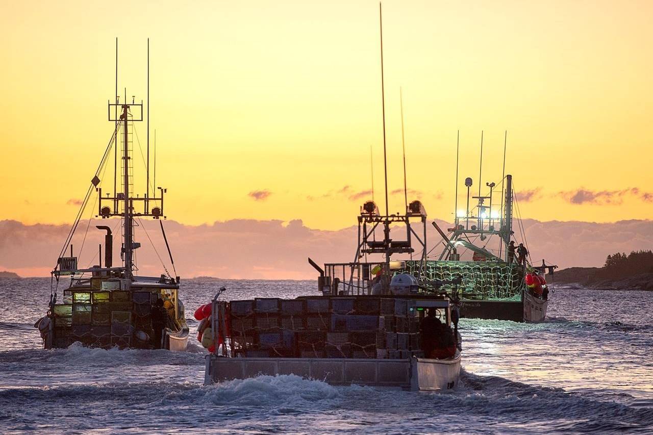Fishing boats, loaded with traps, head from port as the lobster season on Nova Scotia’s South Shore begins, in West Dover, N.S., Tuesday, Nov. 26, 2019. RCMP say a 74-year-old man faces charges in connection with a violent clash last month at a lobster pound in southwestern Nova Scotia. THE CANADIAN PRESS/Andrew Vaughan