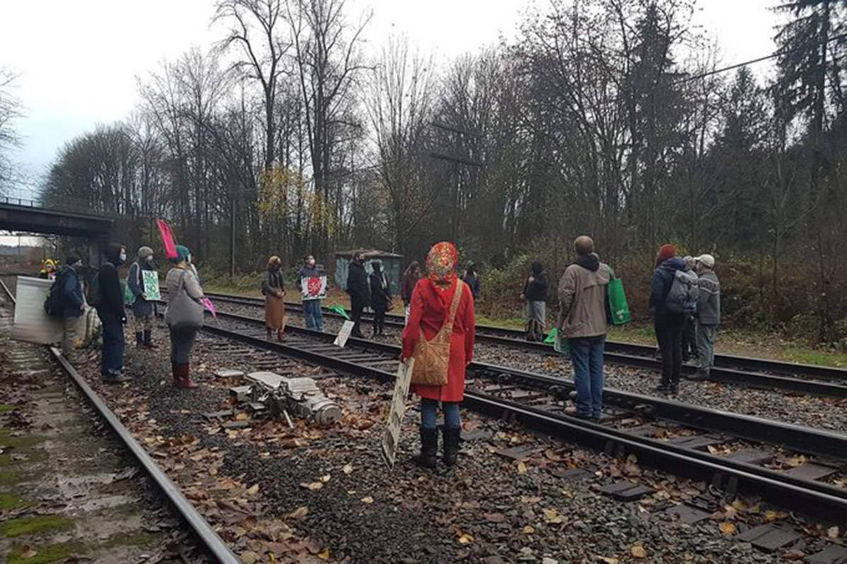 Protesters have set up on a rail line near the Trans Mountain pipeline expansion route in Burnaby on Tuesday, Nov. 17, 2020. (Extinction Rebellion)