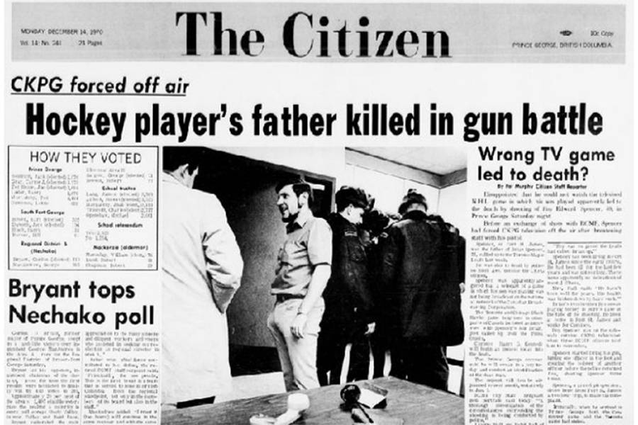 The Prince George Citizen’s front-page story on Dec. 14, 1970, was how a gunman entered the CKPG television and radio station looking for the Toronto Maple Leafs game his son was playing. The man, identified as Roy Spencer of Fort St. James, was killed in a shootout with police outside the studio. Vernon’s Carole Fawcett was working at the station that night. (Prince George Citizen photo)