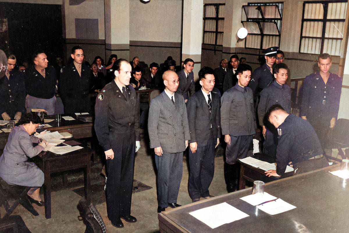 Edmund Bodine is seen here at the military tribunal in Shanghai, 1946, when he was tasked with acting as defence counsel for four Japanese officers accused of the unlawful deaths of American pilots. Standing, L-R: Bodine, Shigeru Sawada, Yusei Wako, Ruyhei Okada, Sotojiro Tatsuta, co-counsel Charles Fellows. Photo courtesy of Natalie Bodine