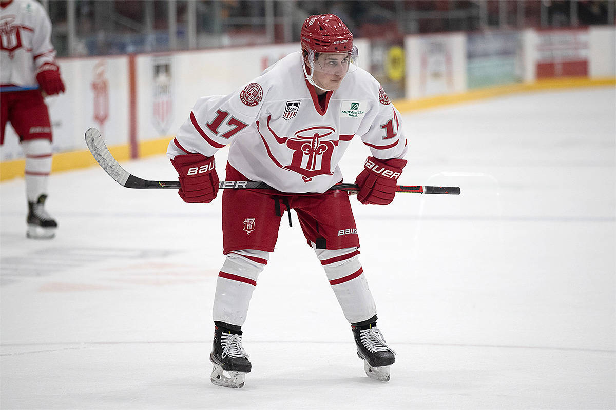 With the BCHL season stalled, South Surrey’s John Evans has left the West Kelowna Warriors and joined the USHL’s Dubuque Fighting Saints. (Photo courtesy of Dubuque Fighting Saints)
