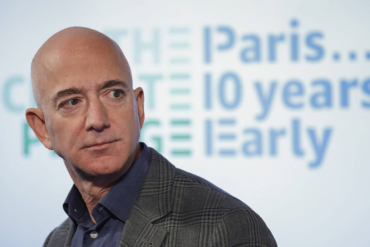 FILE - In this Sept. 19, 2019 file photo, Amazon CEO Jeff Bezos speaks during his news conference at the National Press Club in Washington. (AP Photo/Pablo Martinez Monsivais, File)
