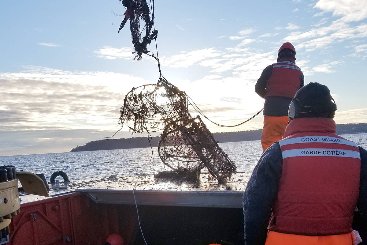 A joint effort between local fishery officers, the Canadian Coast Guard and others resulted in the seizure of more than 300 illegal crab traps in Boundary Bay near White Rock this month. (Fisheries and Oceans Canada photo)